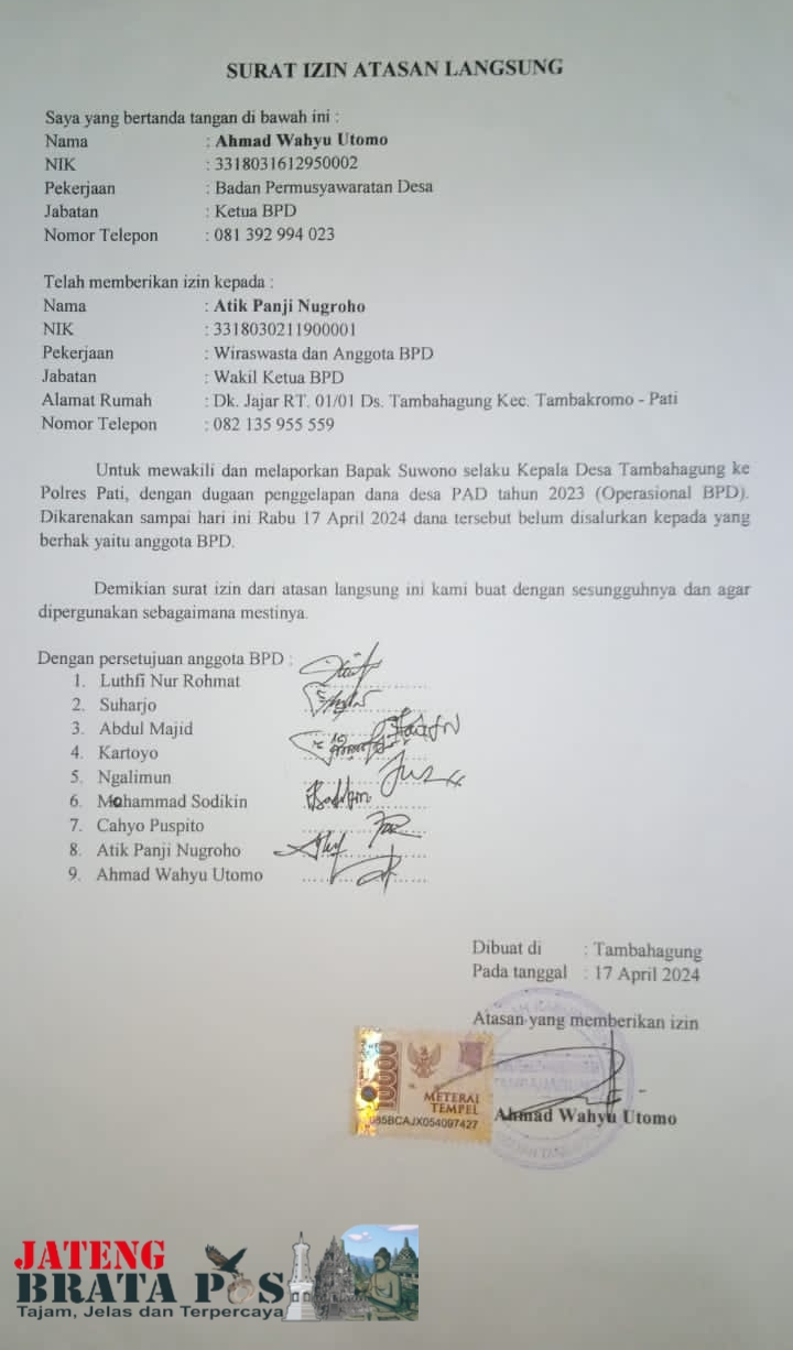 Suwono, Kades Tambahagung Kecamatan Tambakromo Di Laporkan Oleh BPD Desa nya Sendiri.