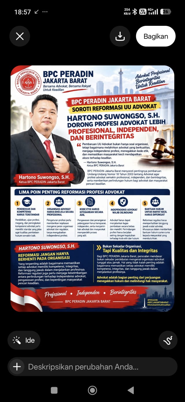 BPC PERADIN Jakarta Barat Soroti Reformasi UU Advokat: Hartono Suwongso.S.H, Dorong Profesi Advokat Lebih Profesional, Independen Dan Berintegritas