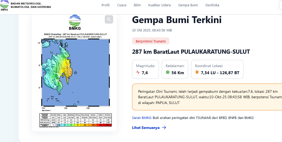 BREAKING NEWS: Gempa M7,6 Guncang Barat Laut Pulau Karatung, BMKG Keluarkan Peringatan Dini Tsunami
