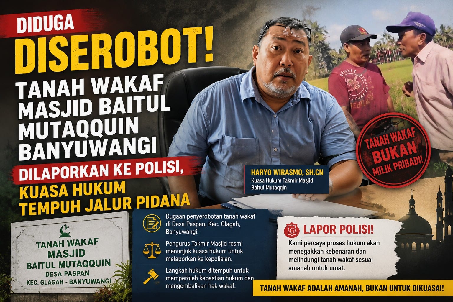 Diduga Diserobot, Tanah Wakaf Masjid Baitul Mutaqqin Banyuwangi Dilaporkan ke Polisi, Kuasa Hukum Tempuh Jalur Pidana