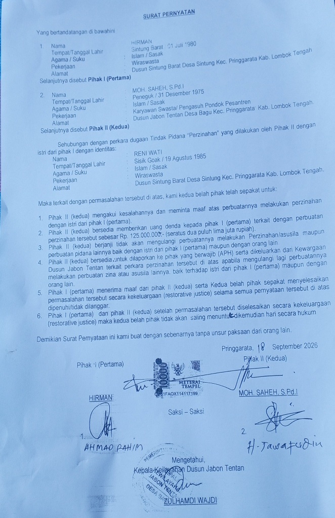 Dugaan Perzinahan di Pringgarata Berakhir Restorative Justice, Pimpinan Yayasan Sepakati Perdamaian