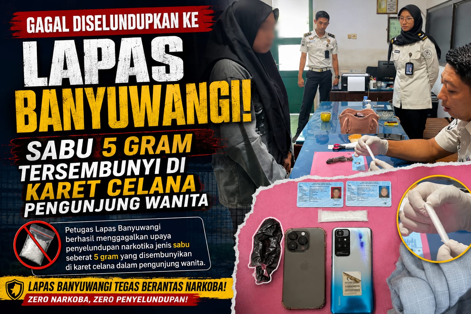 Gagal Diselundupkan ke Lapas Banyuwangi, Sabu 5 Gram Tersembunyi di Karet Celana Pengunjung Wanita