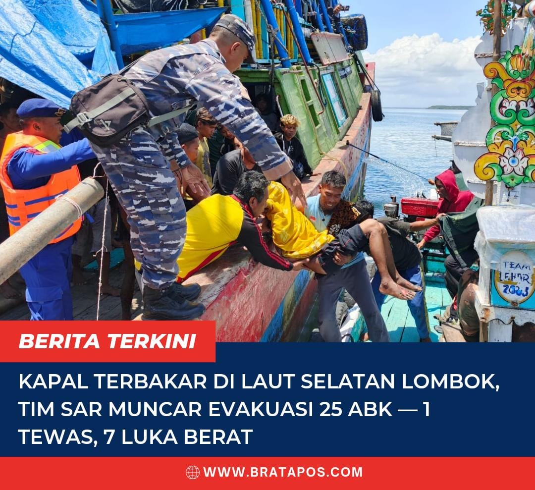 Kapal Terbakar di Laut Selatan Lombok, Tim SAR Muncar Evakuasi 25 ABK — 1 Tewas, 7 Luka Berat
