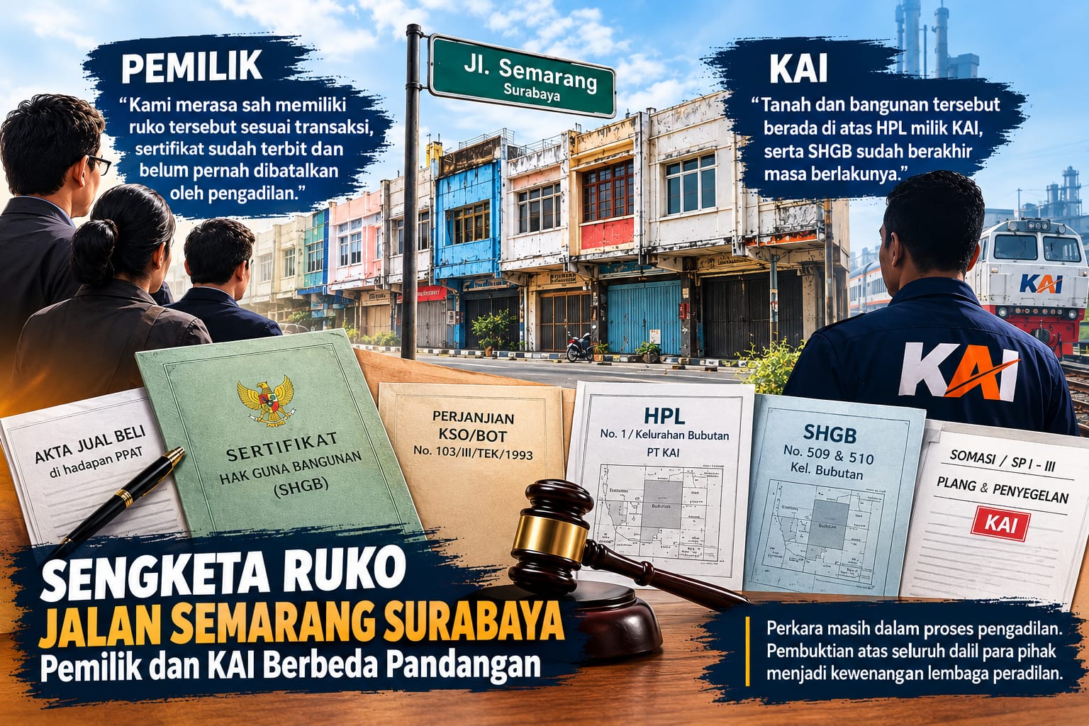 Sengketa Ruko Jalan Semarang Surabaya: Pemilik Persoalkan Klaim KAI, Status SHGB dan HPL Jadi Pokok Perkara