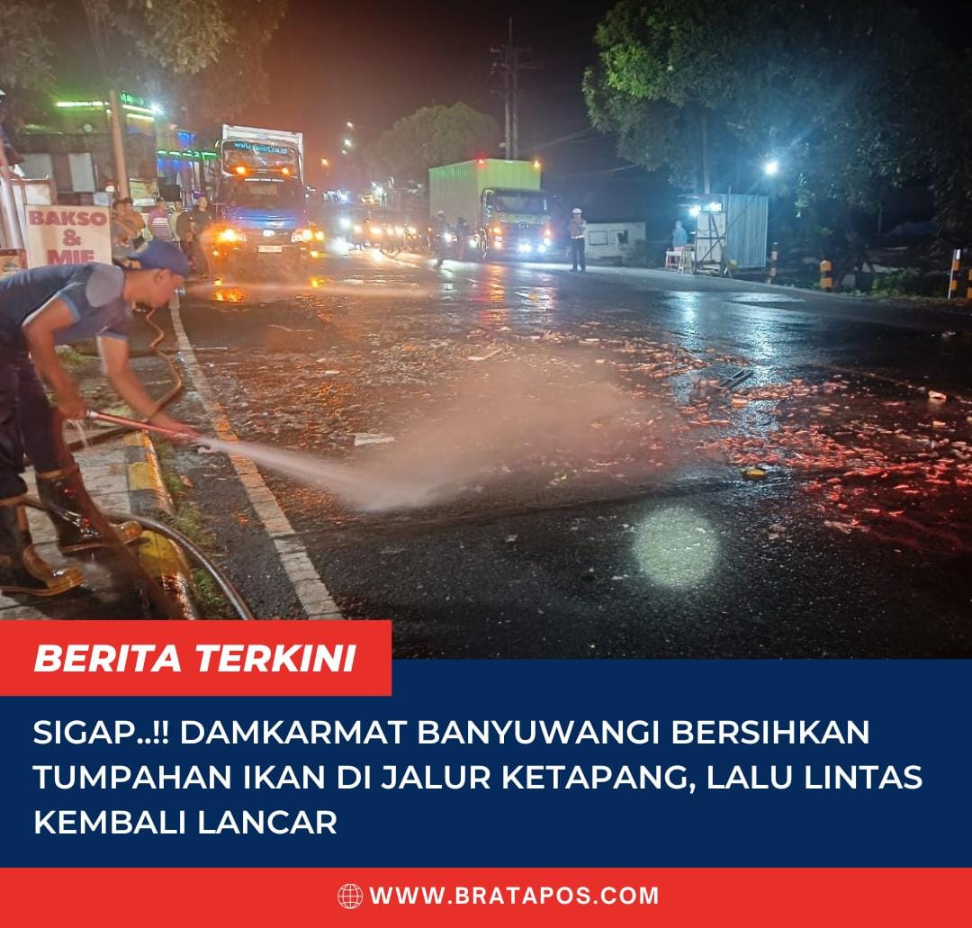 SIGAP..!! Damkarmat Banyuwangi Bersihkan Tumpahan Ikan di Jalur Ketapang, Lalu Lintas Kembali Lancar