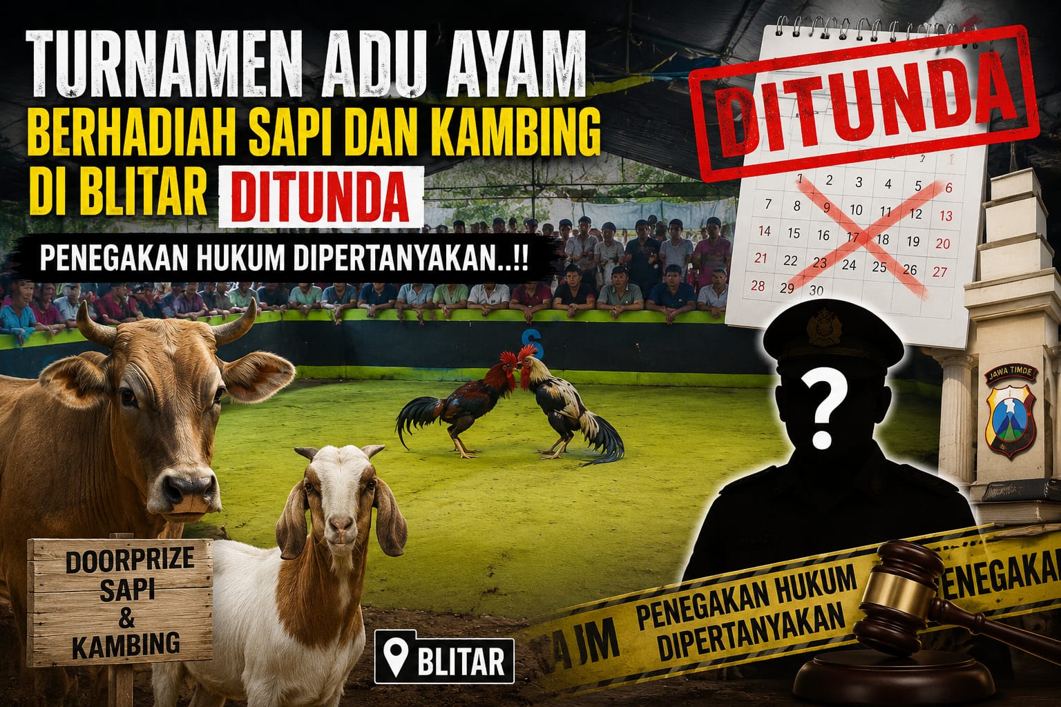 Turnamen Adu Ayam Berhadiah Sapi dan Kambing di Blitar Ditunda, Penegakan Hukum Dipertanyakan.!!